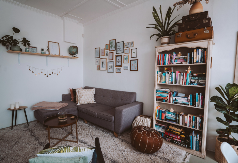 Cozy living room with a gray sofa, patterned rug, coffee table, bookshelf, plants, and framed artwork on the walls.